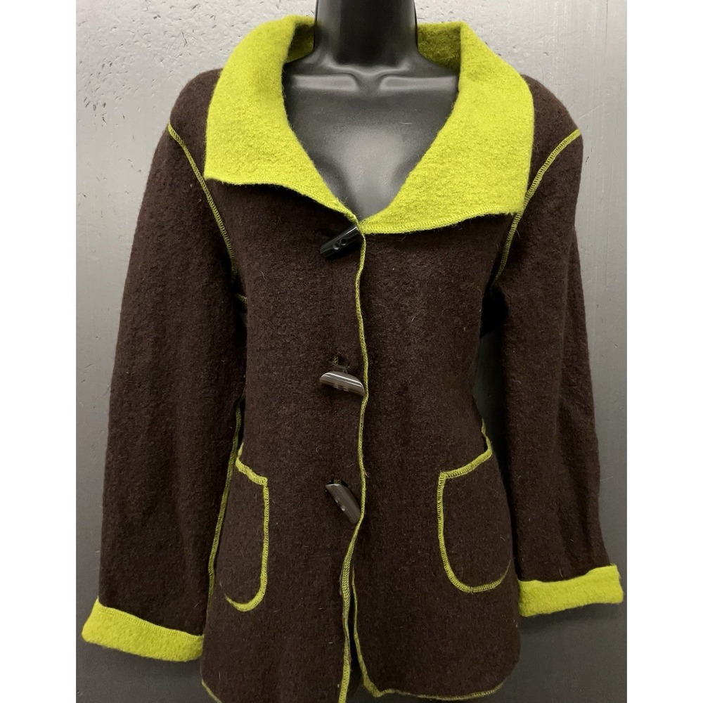 Wool Jacket Women M Brown Green Toggle‎ Pockets Cottage Peasant Boho Blazer
